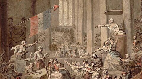 Club des femmes patriotes dans une église - Dessin à la plume et encre de Chine, lavis à l'encre de Chine et aquarelle, par Chérieux, 1793