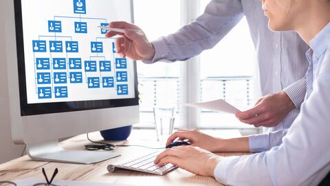 2 personnes consultant un organigramme sur un ordinateur 2 personnes consultant un organigramme sur un ordinateur