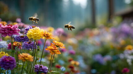 l'image figure deux abeilles en train de butiner au-dessus de fleurs colorées dans un jardin printanier